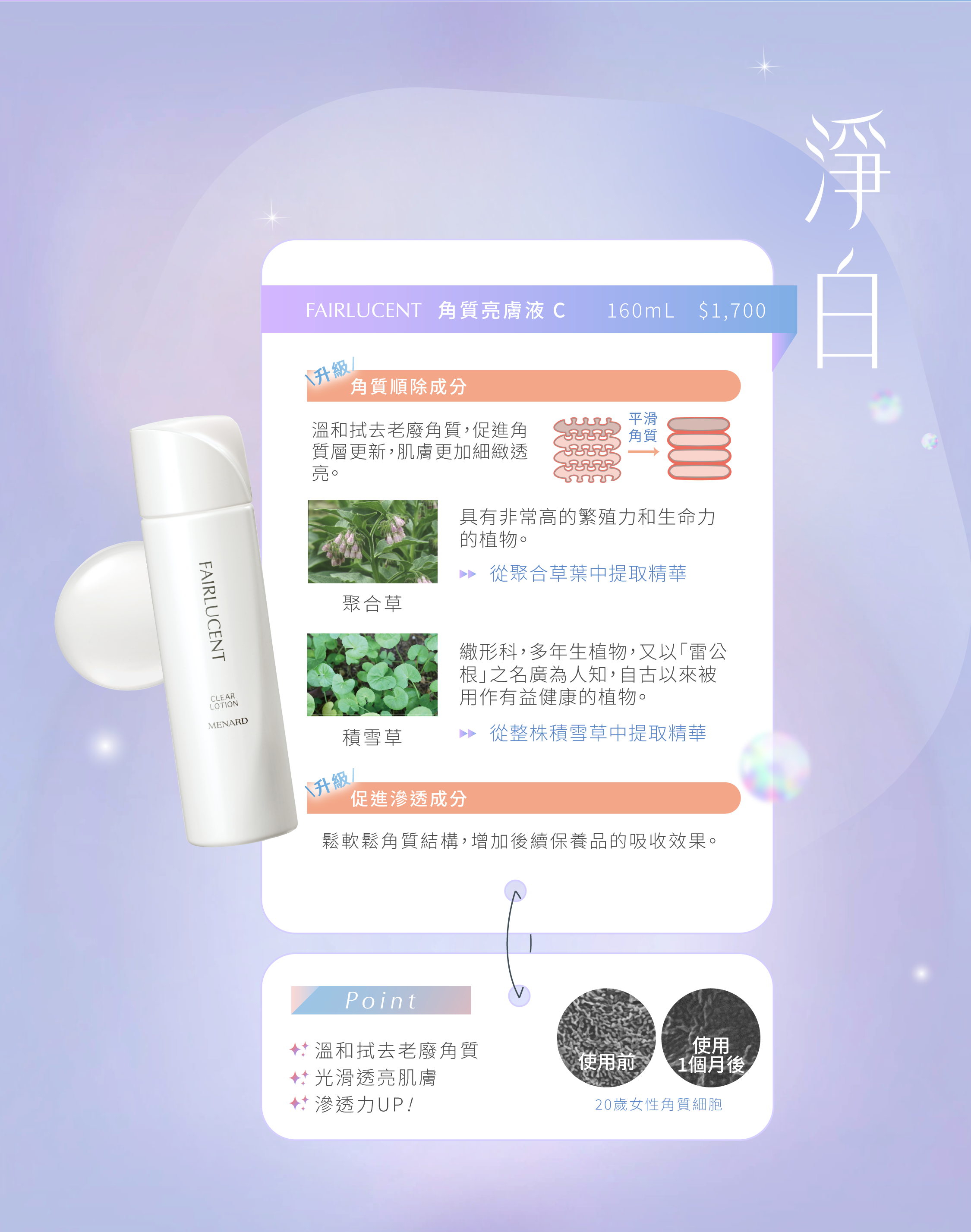 溫和去除老廢角質，促進代謝，幫助後續保養吸收，讓肌膚細緻透亮。