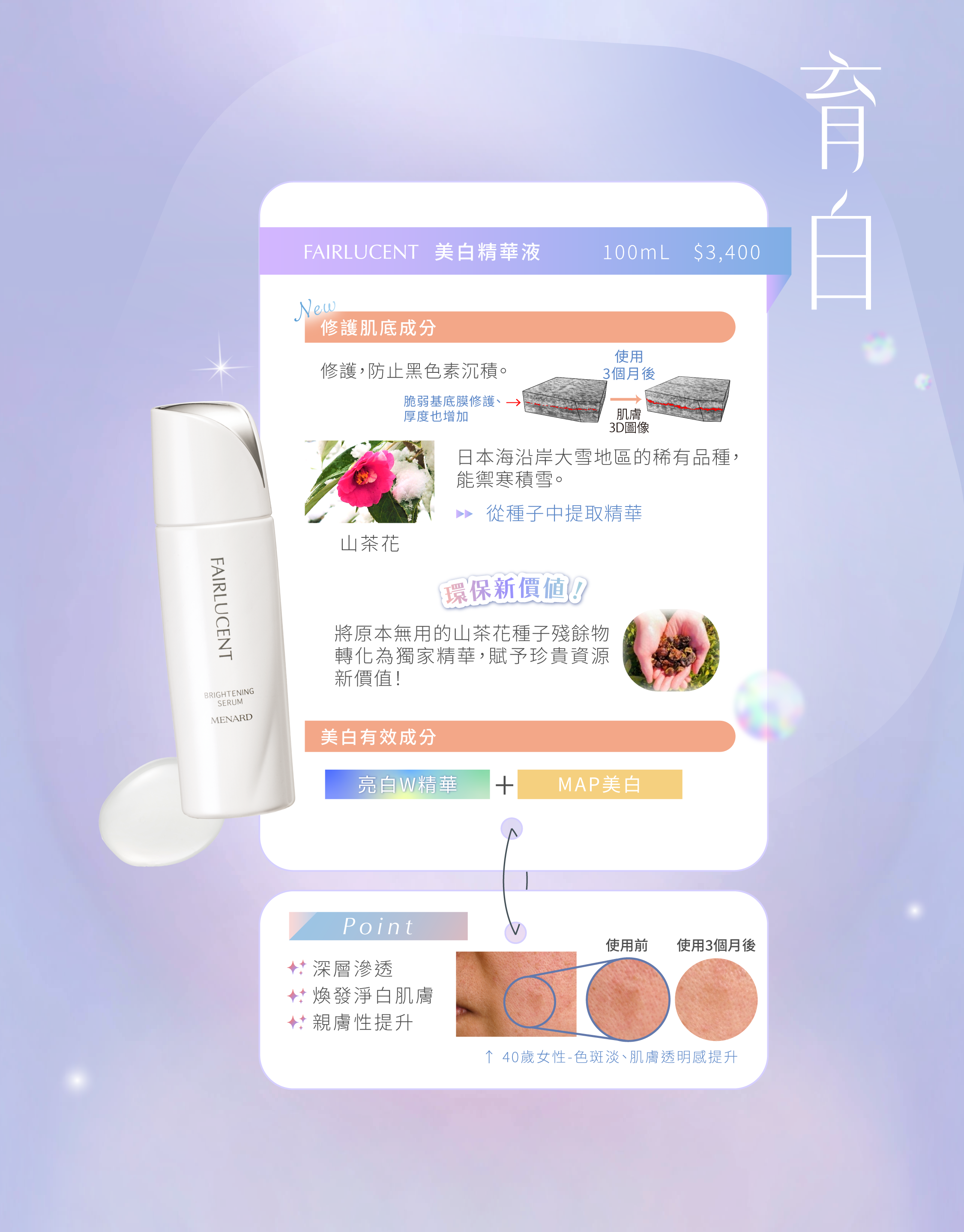 透過雙重美白科技，有效淡化色斑，均勻膚色，打造淨白光澤感。