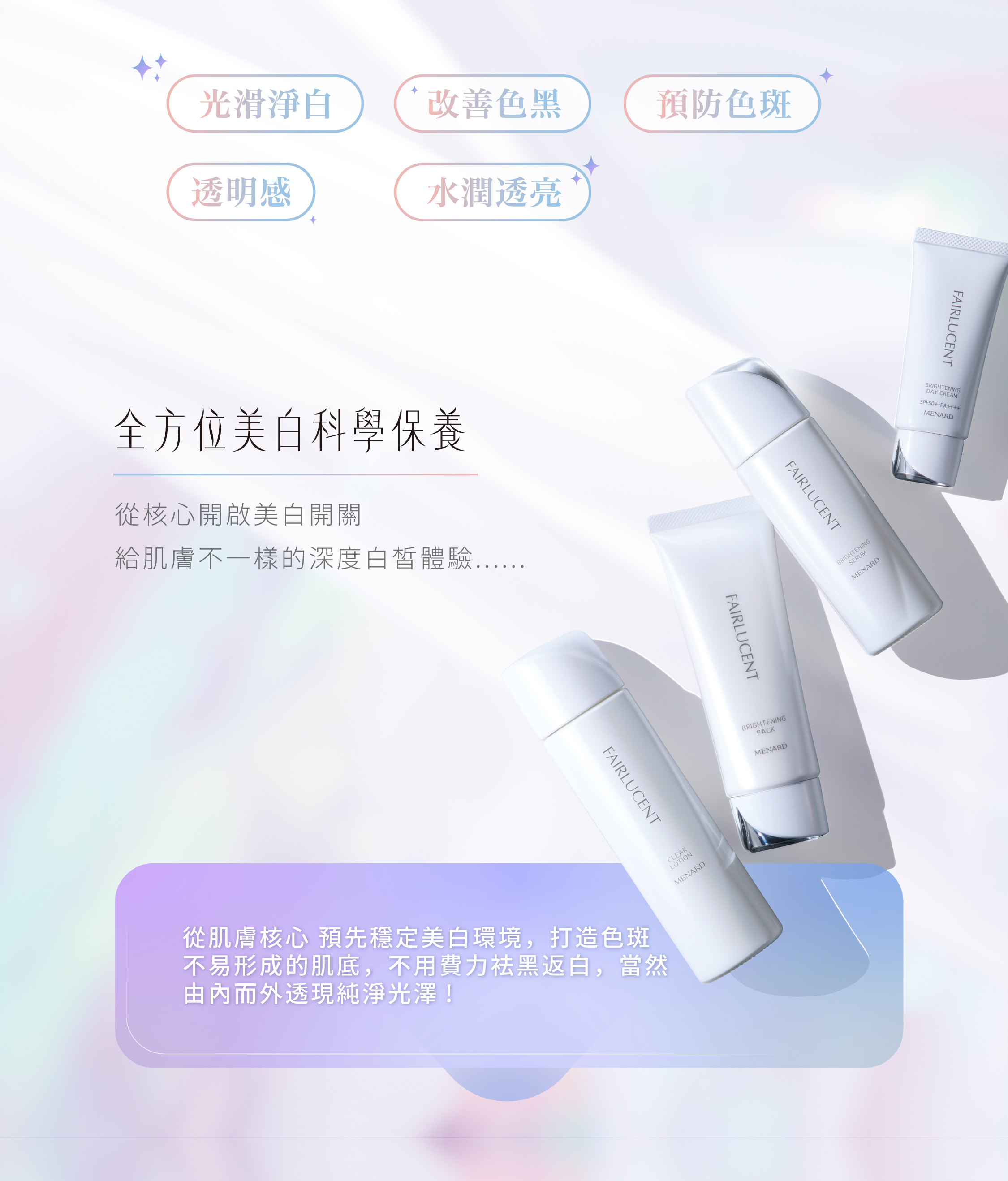 全方位美白科學，從核心開啟美白開關，給肌膚不一樣的深度白皙體驗！光滑淨白、改善色黑、預防色斑、透明感、水潤透亮！